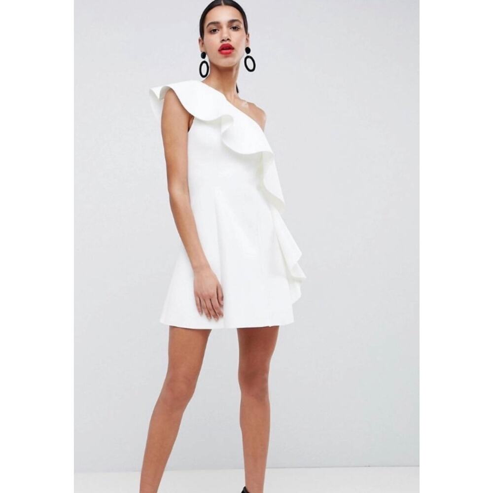ASOS White One Shoulder Asymmetric Ruffle Mini Dress Size 12